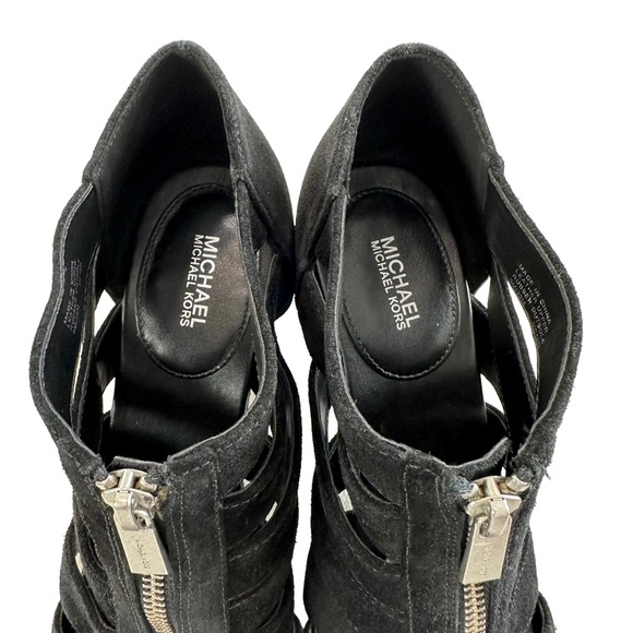 Michael Kors Sherry Black Suede Strappy Cage Staked Heel Sandals Women’s Size 9M - Picture 10 of 16